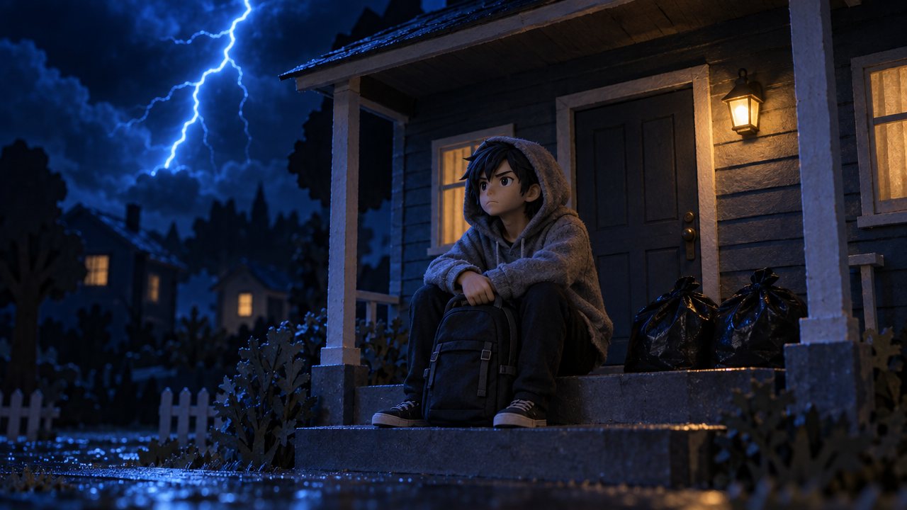 A teenager in a gray hoodie sits on the porch steps of a shut house at night, a backpack on their knees and two trash bags beside them, as blue lightning splits the sky