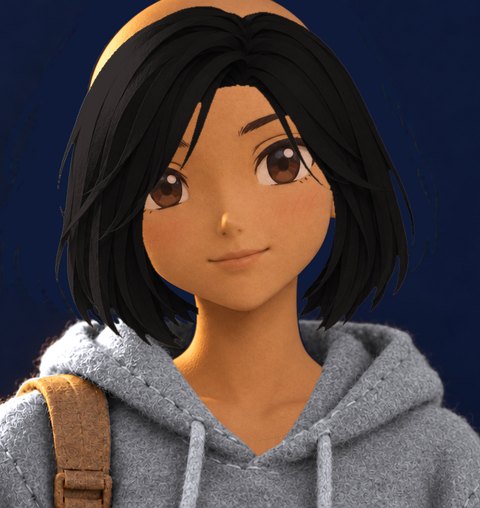 The same young woman as a student in a gray hoodie